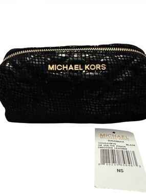 Michael Kors Susannah Black Embossed Leather Cosmetic Pouch Gold Hardware NWT